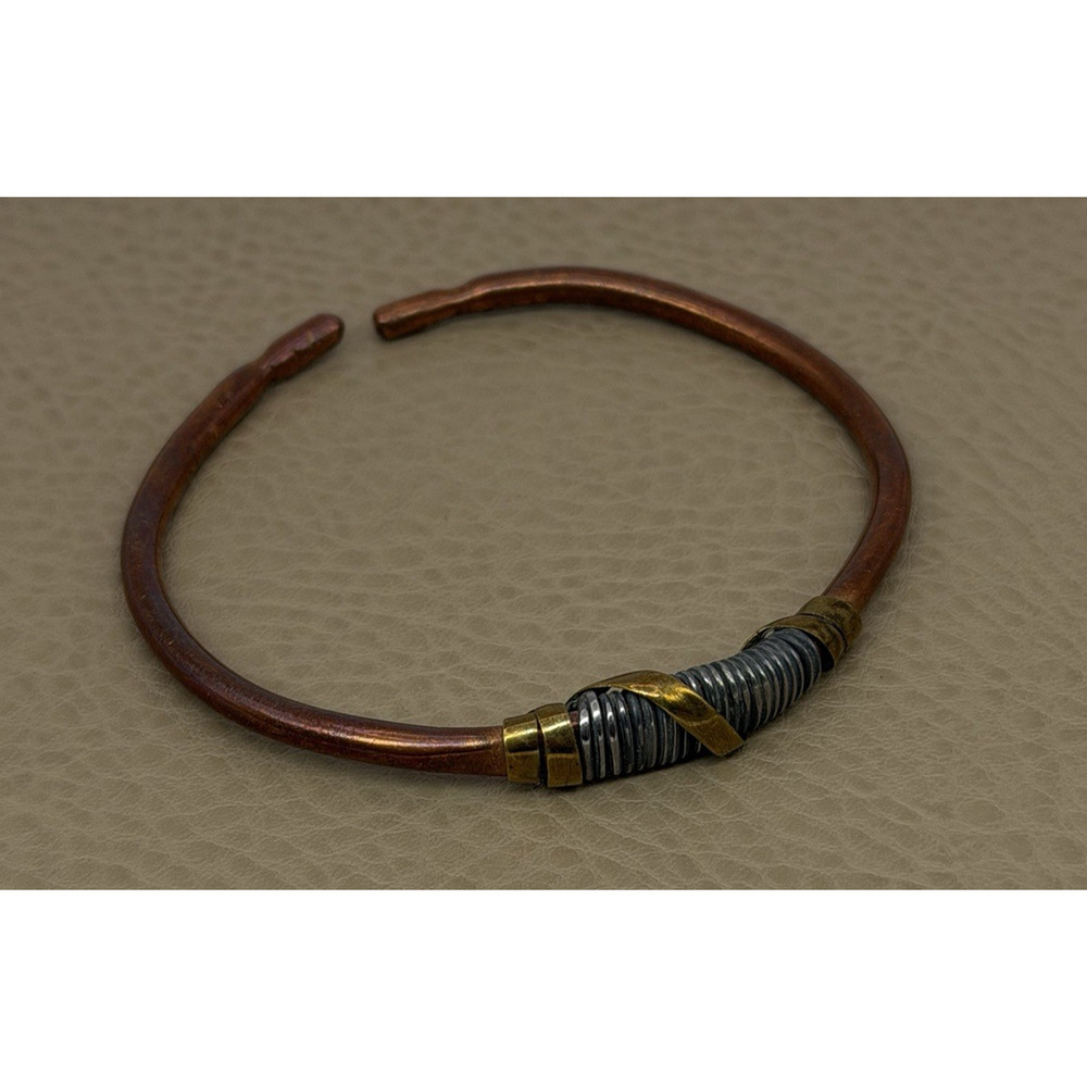 Copper Brass Silver Tone Mixed Metal Wire Wrapped Bracelet Artisan Industrial